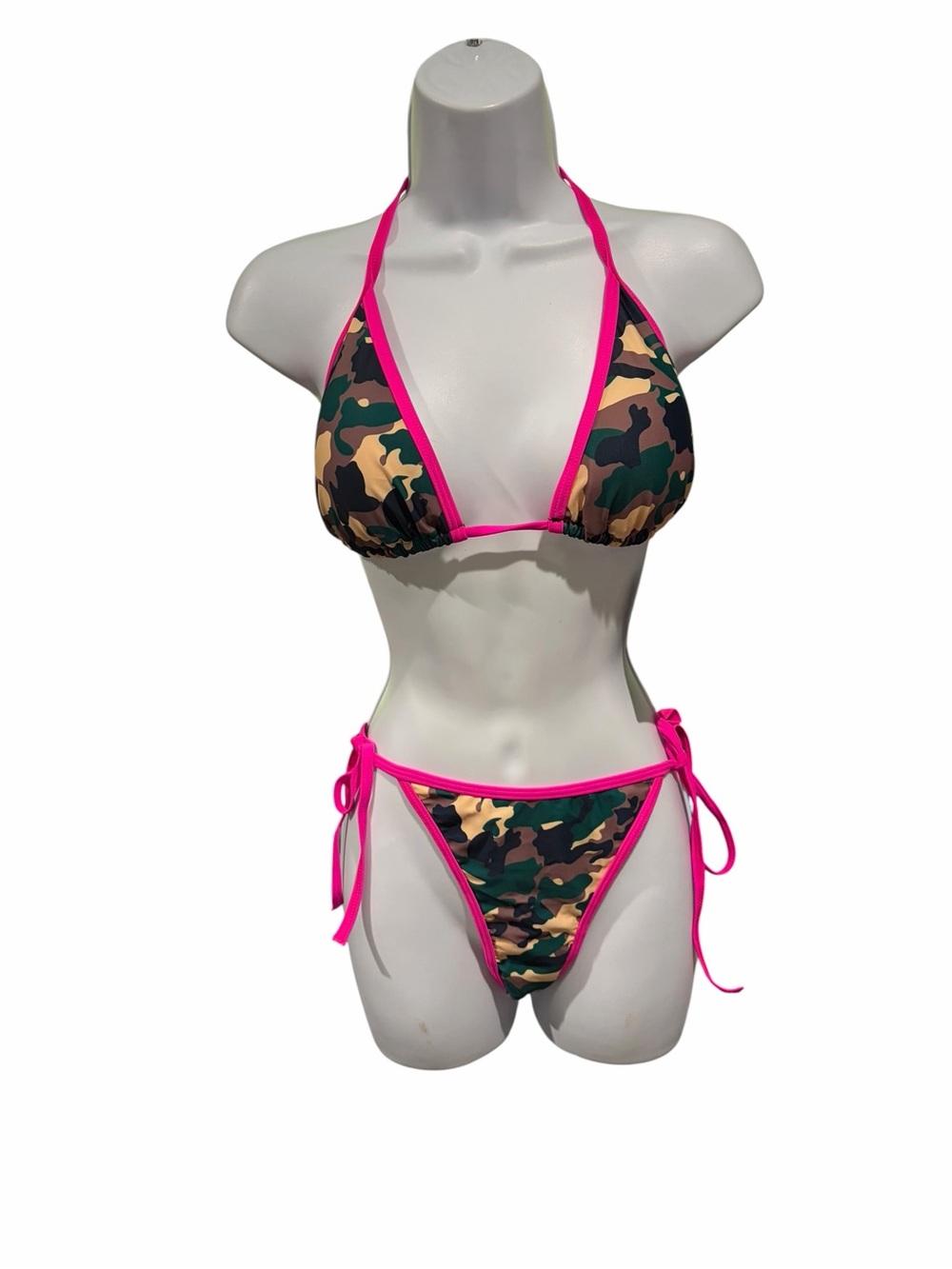 Suvimuga Camo Triangle String Bikini Set Neon Pink Trim Women’s Large